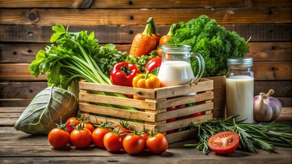 Freshly Harvested Vegetables and Dairy Products Displayed in a Rustic Wooden Crate for a Farm-to-Table Culinary Experience