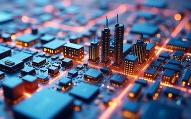 A close-up of a circuit board designed to look like a miniature cityscape with glowing lights, symbolizing urban digital life and technological progress.