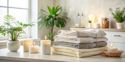 Fototapeta premium Freshly Folded Bedding Sheets in a Bathroom Setting with Ample Copy Space for Text or Branding Use