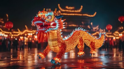 Fototapeta premium Colorful dragon lantern at nighttime festival, illuminated with vibrant lights.