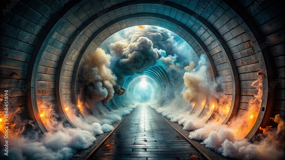 Poster surreal tunnel of steam and smoke: an enigmatic journey through a mysterious portal in a dreamlike l