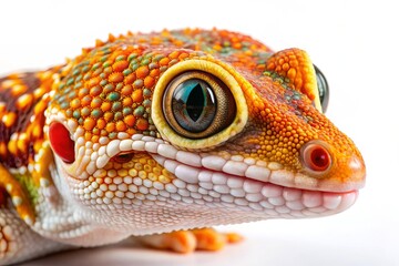 Fototapeta premium Half Body Macro Photo of an Adult Gecko on a White Background, Perfect for Nature Enthusiasts and Educational Use, Showcasing the Unique Features and Colors of This Fascinating Reptile