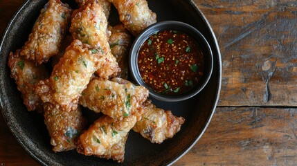 Crispy Spring Rolls with Dipping Sauce on Plate