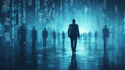 A group of businessman with digital binary code and futuristic data streams, advanced technology in global business.