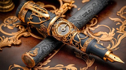 Luxury Gold and Black Fountain Pen on Leather Background.