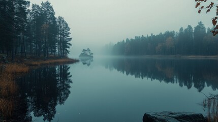Lake landscape with forest and fog, reflection, autumn season.