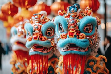 Obraz premium Colorful lion dance masks on display, adorned with intricate designs.
