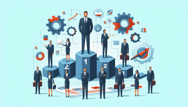 Illustration of business professionals standing on podiums with gears and graphs in the background, representing corporate success and hierarchy