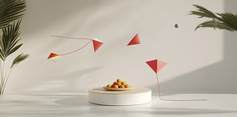 3D render of colorful kites and laddus on a white background