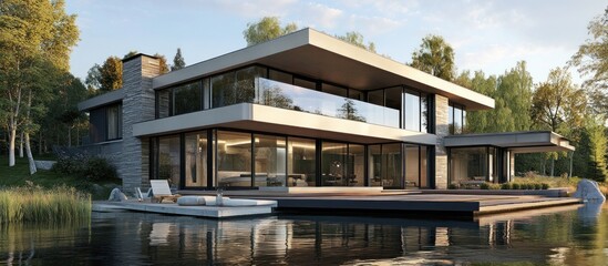 Obraz premium Contemporary lake house with a wide deck, scenic views, and glass walls, reflections on the water,