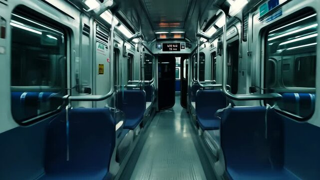 Interior of modern empty subway train, rows of blue metro seats. Passengers area. Travel inside underground car. City transportation. Daily commuting, public transit, urban life.