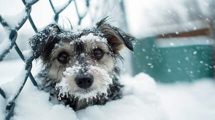 A small dog shivers while half-buried in snow during a cold winter stuck in the fence