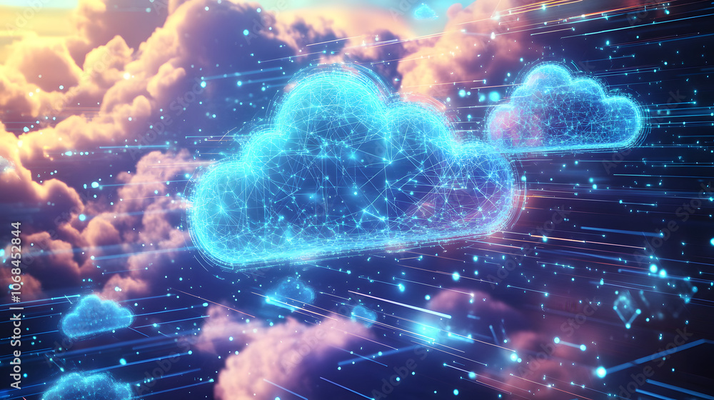 Poster vibrant cloud computing illustration showcasing digital connections and technology integration for d