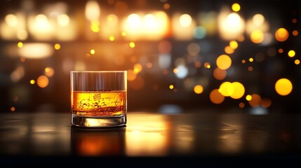 Elegant Japanese whisky glass, dark bar counter, amber tones, blurred background with bottles, soft glow, highend drinking culture