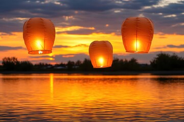 Fototapeta premium Floating lanterns over a serene lake at sunset, creating a peaceful ambiance.