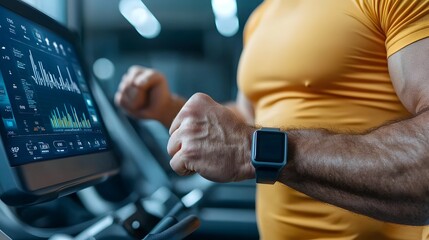 Futuristic fitness setup with advanced digital monitors and interfaces tracking real time health and performance data creating a modern