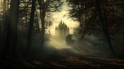Obraz premium A foggy forest scene featuring a shadowy castle in the background, with warm lantern light casting long shadows on the ground 