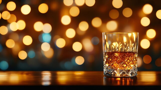 Elegant Japanese whisky in crystal glass, polished bar counter, amber glow, soft blurred background, highend and intimate ambiance