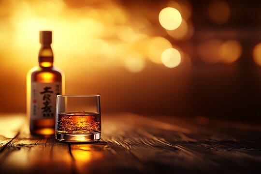 Elegant Japanese whisky in classic glass on wooden bar, warm amber glow, soft light, blurred bottles, luxurious Japanese setting