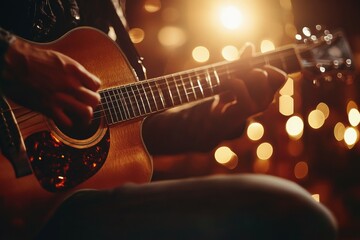 Fototapeta premium Strumming Strings: Capturing the Intimate Moments of a Guitarist Under Soft Lights, Creating a Melodic Atmosphere of Warmth and Passion.
