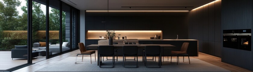 Fototapeta premium Chic contemporary dining room featuring a stunning statement light fixture for a modern touch.