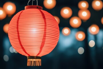 Obraz premium Red paper lantern hanging with bokeh lights in the background, festive atmosphere.