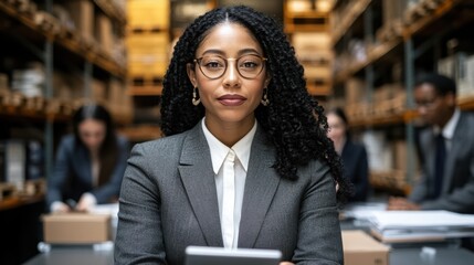 Businesswoman Collaborating with Staff in Warehouse