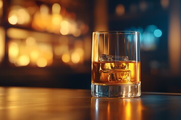 Fine crystal glass of Japanese whisky on polished bar, rich amber glow, soft lighting, blurred spirits behind, luxurious experience