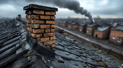 Naklejka premium A cozy urban house with a black roof, chimney releasing smoke, set against a backdrop of rustic homes under a cloudy sky