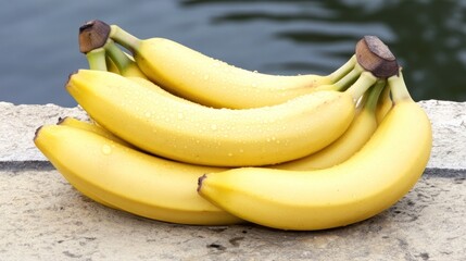 A cluster of fresh yellow bananas resting on a stone surface near water.
