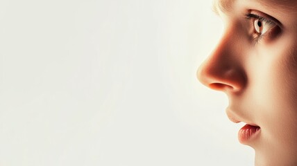 Obraz premium Close-up profile of young Caucasian woman on light background