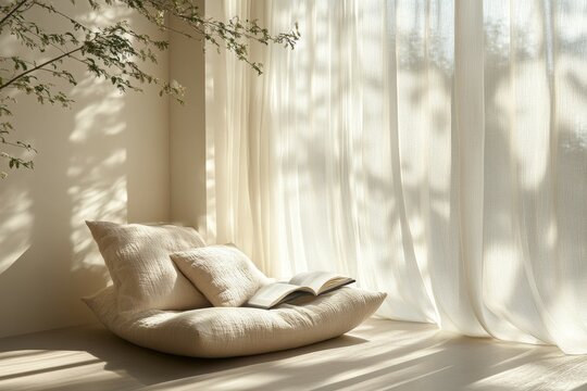 Tranquil Reading Nook: A Sunlit Haven of Comfort and Serenity with Soft Cushions, Natural Light, and Flowing Curtains