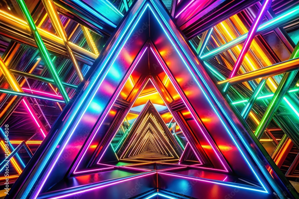 Poster dynamic neon triangles in a futuristic pattern - vibrant colorful design for modern aesthetics, abst
