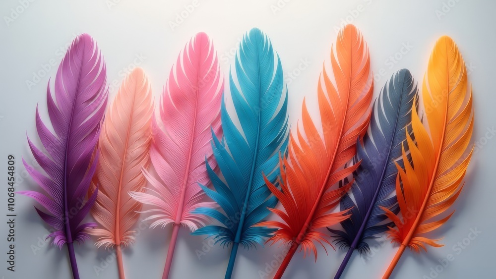 Poster A colorful array of feathers with a blue feather in the middle