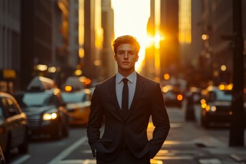 Sunset Reflections: A Dapper Figure Stands Tall Amidst the Bustling City Streets, Radiating Confidence Against a Backdrop of Urban Energy