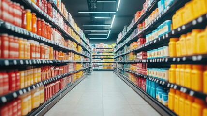 Brightly lit aisle in grocery store with various products on shelves