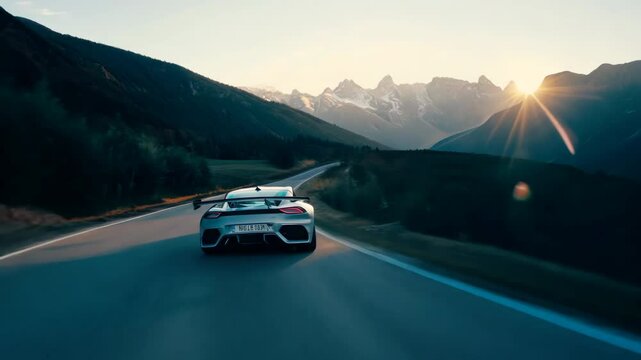 Sports car speeds down winding road, majestic mountains. Epic landscape. Luxury and power design. Thrill of extreme driving in stunning natural surroundings. Travel, road trip.
