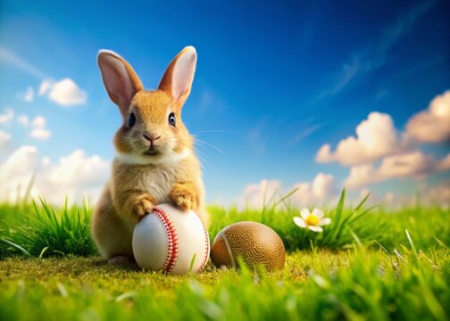 Easter Rabbit with Baseball on Green Grass Under Blue Sky - Spring Holiday Cheer, Cute Bunny, Outdoor Fun, Festive Vibes, Colorful Scene, Nature Photography, Playful Atmosphere