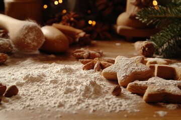 Cozy Holiday Baking Scene: Flour-Dusted Table with Star-Shaped Cookies, Rolling Pin, and Festive Accents for a Warm Winter Celebration