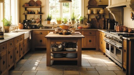 Rustic Kitchen with Stone Floors and Wooden Island