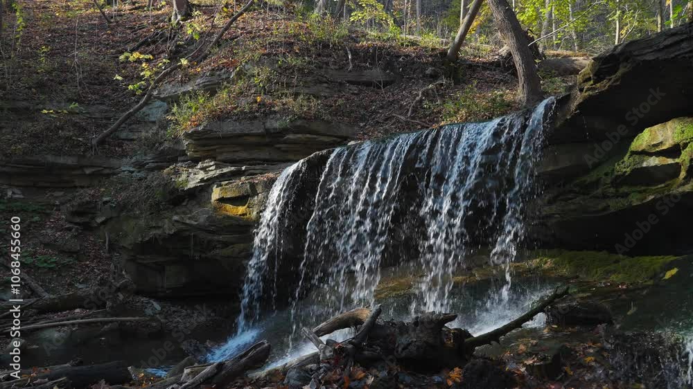 Poster Small waterfall cascading over rocks in a serene forest setting with autumn leaves and soft light