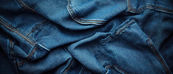 Naklejka premium Close-up of blue denim fabric with textured wrinkles.