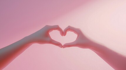 Fototapeta premium Two hands gracefully create a heart shape, capturing an intimate moment of love and unity against a gentle pink backdrop that evokes warmth and affection