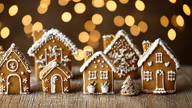 A group of gingerbread houses sits on a wooden table, decorated with white frosting and sprinkles