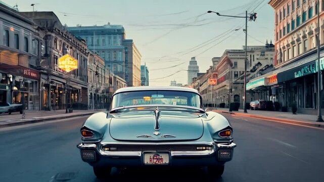 Classic silver car drives down vintage city street, nostalgia. Retro vibe. Historic buildings line road. Mid-century America. Old fashioned classical automobiles style. Cool cab.