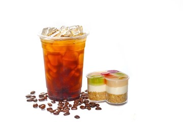 Pictures of Americano ice coffee serving with bakery cookies and coffee beans in white background and isolate photo style.