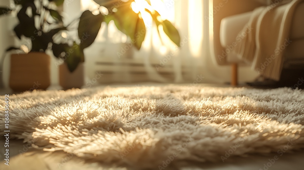 Poster a cozy, sunlit room featuring a plush rug, adding warmth and texture to the space with a backdrop of