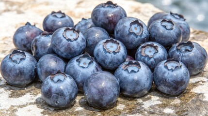 A close-up of fresh blueberries arranged on a surface, showcasing their vibrant color and texture.