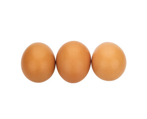 Front view of three fresh chicken eggs in stack is isolated on transparen png with clipping path.