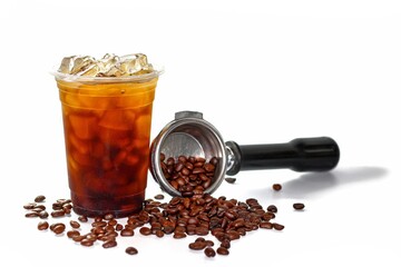 Americano Ice coffee serving on white background and coffee beans spread out portafilter in isolated concept.